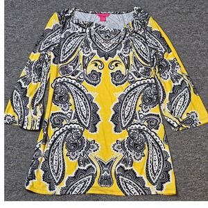 Sunny Leigh Paisley Print Tunic Top 3/4 Sleeve Yellow Black White L‎